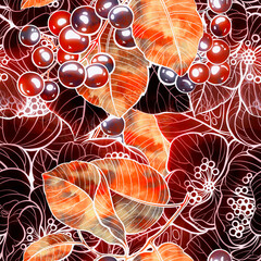 Abstract autumn flowers, leaves and berries seamless pattern. Digital lines hand drawn picture with watercolour texture. Mixed media artwork. Endless motif for packaging, scrapbooking, textiles.