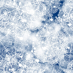 Ornamental snowflakes seamless pattern. Digital lines hand drawn picture with watercolour texture. Mixed media artwork. Endless motif for packaging, scrapbooking, textiles.