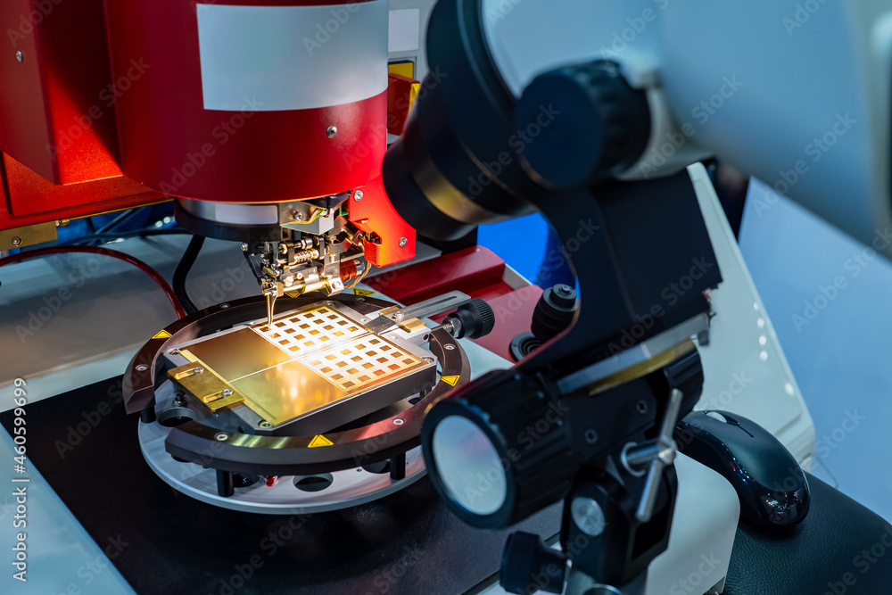 Poster testing of transistor microchips. microprocessor under microscope. concept is creation of nano proce