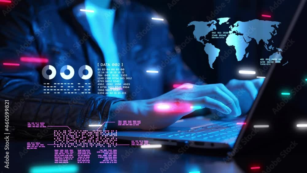 Poster business finance investment and digital technology, man using laptop computer futuristic graph chart