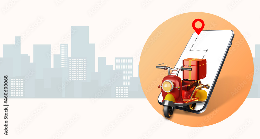 Poster delivery by scooters. scooter in smartphone screen. concept of applications for calling couriers. ap