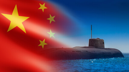 Chinese Navy. Flag of People's Republic of China. Large submarine in water. Armed forces of PRC....