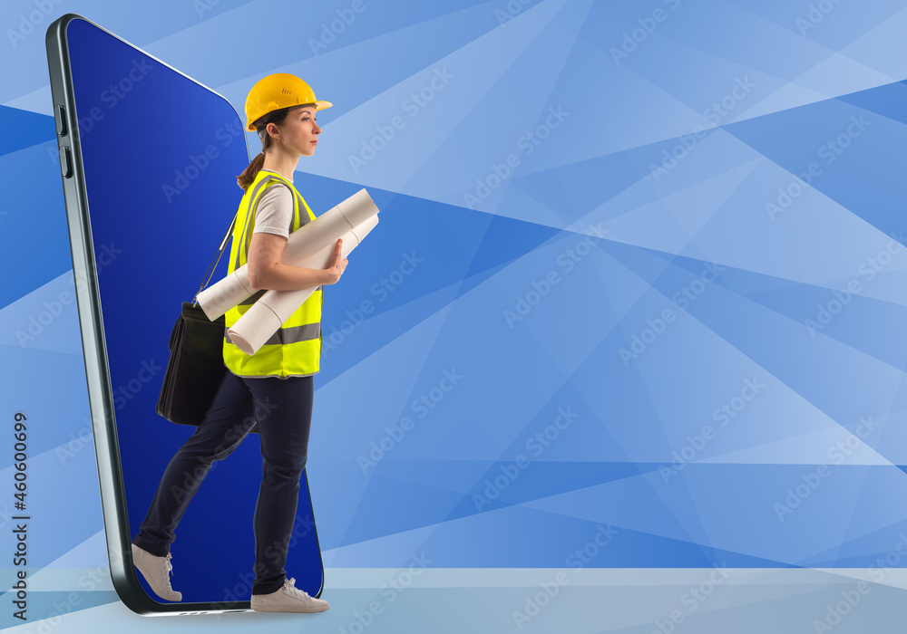 Aufkleber architect engineer. woman architect comes out of phone. girl in yellow uniform with business briefca