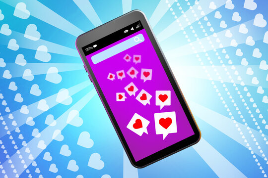 Realistic phone with like icon. Heart signs in phone screen. Smartphone on turquoise background. Visualization phone on abstract background. Concept social networks. Social media apps. 3d rendering.