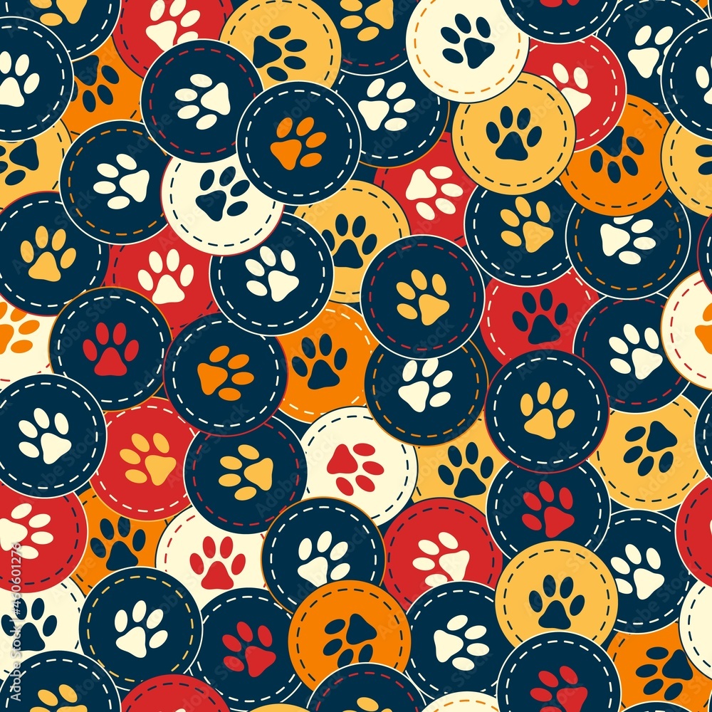Poster seamless pattern background with footprints of home pet in chaotic overlapping circles. good for dec