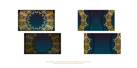 Blue gradient business card with Indian gold ornaments for your brand.