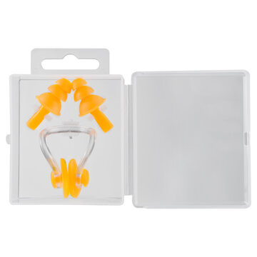 nose clip and orange earplugs in a plastic box, swimming set, on a white background