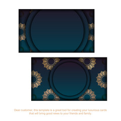 Blue gradient business card with vintage gold pattern for your business.