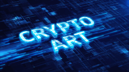 Crypto art concept. NFT - Crypto art nonfungible tokens on blue technology background. 3d rendering