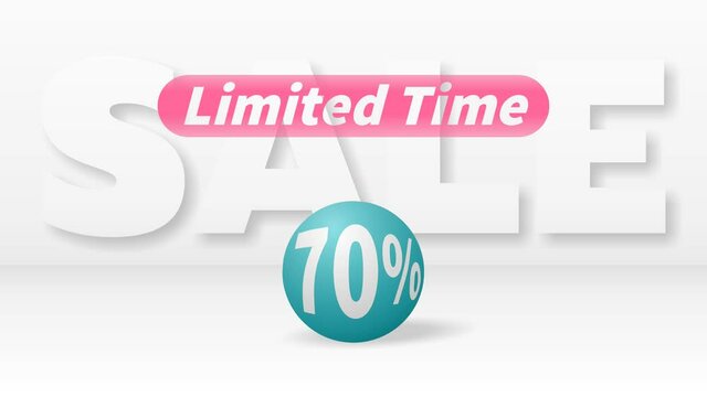 A beautiful turquoise ball with 70 percent discount rolls against big white letters SALE and the pink inscription LIMITED TIME appears above it