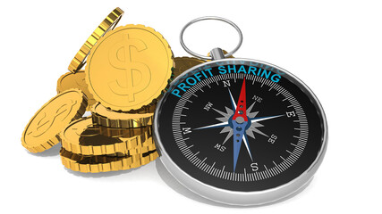 Profit sharing concept with compass and gold coins