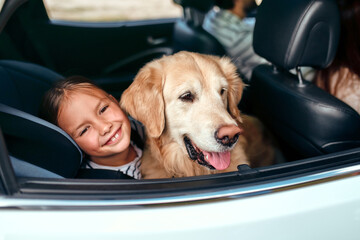 Cute little girl child in a car seat protected by seat belts together with her friend dog labrador going on weekend. Leisure, travel, tourism.