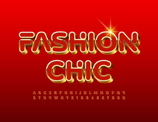 Naklejka na ściany i meble Vector bright Banner Fashion Chic. Unique Luxury Font. Red and Gold Stylish Alphabet Letters and Numbers set. 