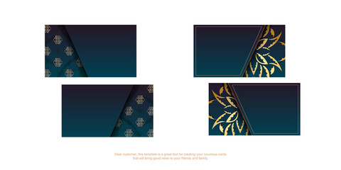 Gradient blue business card with vintage gold ornaments for your personality.