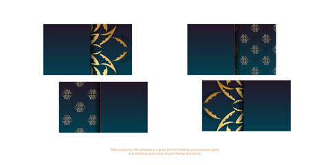 Gradient blue business card with vintage gold ornaments for your contacts.