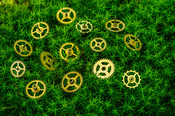 precision engineered toothed brass metal cog wheels on green moss