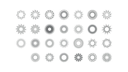 Set Abstract Collection Round Circles Starburst Sunburst Sunset Black Line Doodle Design Elements Bursting Rays Sunrise Shine Light Radiant Sparkles Vector Design Style