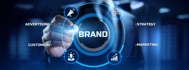 Brand development marketing strategy concept. Businessman pressing button on screen.