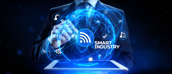 Smart industry 4.0 manufacturing technology concept on screen.