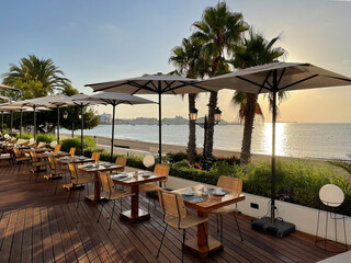 Breakfast with sunrise, Ibiza, Santa Eulalia - obrazy, fototapety, plakaty