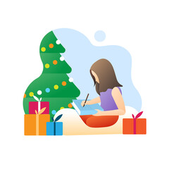 Girl decorating Christmas tree with greeting cards and gift boxes