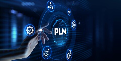 PLM Product cycle management program development concept. Hand pressing button.