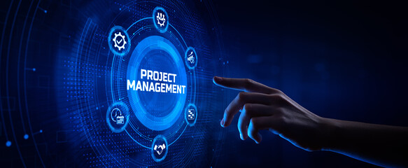 Project management planning business development. Hand pressing button on screen.