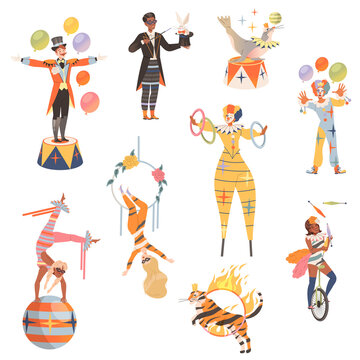 Circus Artists Performing At Show, Carnival Party Set. Magician, Aerialist, Strongman, Acrobat And Animals Doing Tricks Cartoon Vector Illustration