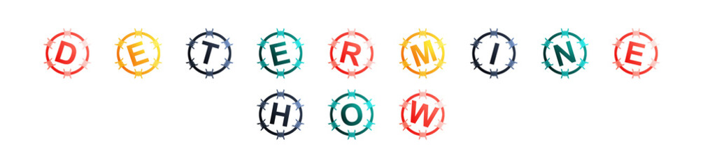 Determine How - text written in colorful circles on white background