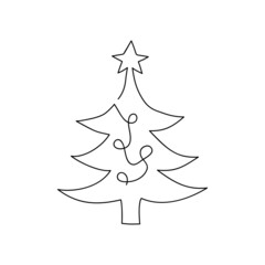 Continuous one line drawing of Christmas tree with star and garland. Hand drawn Christmas tree isolated on white background. Linear style. Vector illustration.