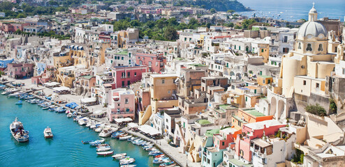 Fototapeta na wymiar Procida panoramic view, Italy. The mediterranean Italian island close to Naples in a summer day.