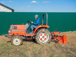The girl sits in a small tractor and drives through the field mulching grass. Land cultivation,...