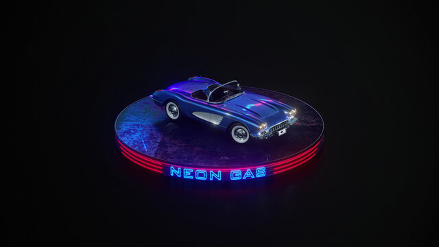 Neon gas retro car. Chevrolet Corvette. Fog rain and night. Color reflections on wet asphalt. 3D illustration.