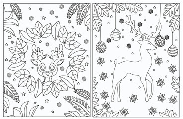 Coloring Page Outline of Deer at Christmas. Merry Christmas. Coloring book for kids