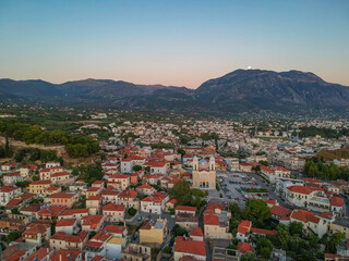 Fototapeta na wymiar Aerial view around the castle hill area and the Metropolitan church of Ypapanti in the old historical town of the seaside Kalamata city, Greece