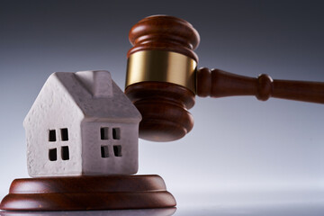 Gavel wooden and house for home buying or selling of bidding or lawyer of home real estate and...