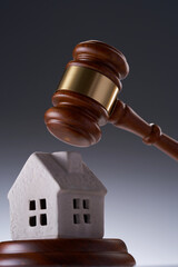 Gavel wooden and house for home buying or selling of bidding or lawyer of home real estate and...