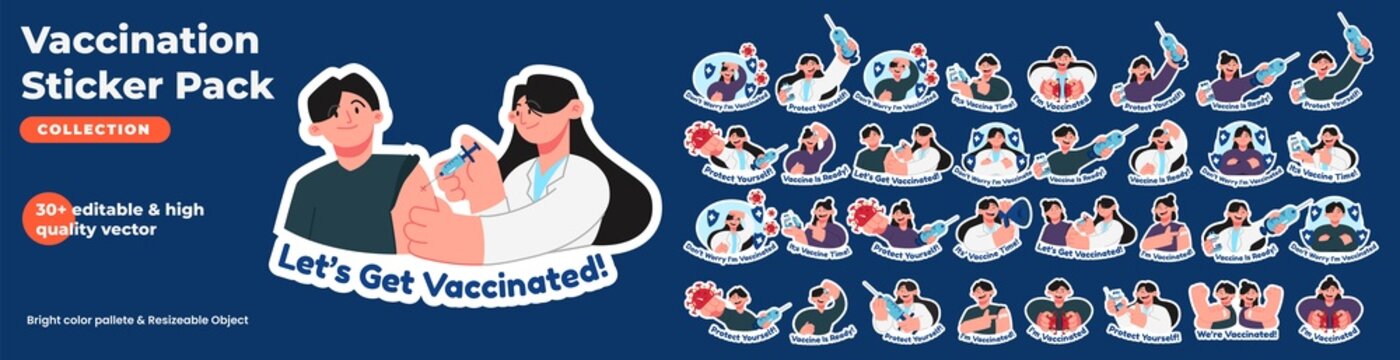 Coronavirus Vaccination, Doctor Injecting A Patient, Getting First Shot Of Covid Vaccine In Arm Muscle. Process Of Immunization Against Covid-19. Vector Illustration, Sticker Pack, Flat Design