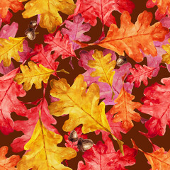 Naklejka na ściany i meble A modern seamless pattern of bright autumn leaves on a dark red background. Oak leaves. Autumn theme. Halloween. You can use it for your own design.