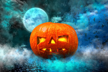 Reflection of neon lights, a searchlight, smoke. Abstract light in a dark empty room with smoke, smog.