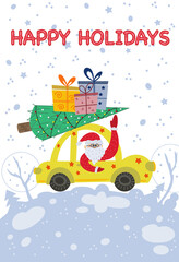 Funny Santa Claus is driving a car with Christmas tree and gifts on the top on Christmas landscape. Merry Christmas vector illustration