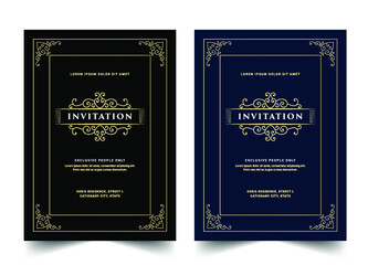 Black white and gold Vintage royal and luxury set of invitation card for wedding anniversary birthday party celebration floral swirl ornamental decorative vector printable template 