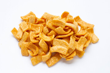 Potato chips, Snack coated in caramel on white background.