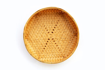 Empty wooden bamboo basket on white background.