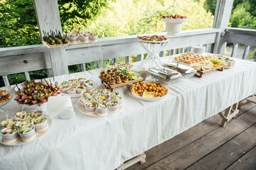 Buffet table of reception with cold snacks, meat and salads