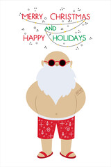 Vector illustration of funny Santa in red shorts and sunglasses with ho ho tattoo on shoulder isolated on white background