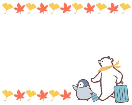 ペンギンヒナとシロクマと秋の葉のフレーム