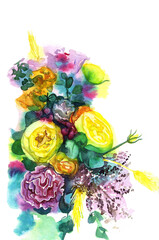 Fototapeta na wymiar bouquet of yellow pink flowers watercolor multicolor