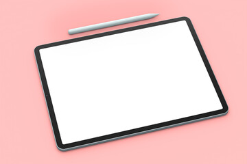 Computer tablet with pencil isolated on pink background.