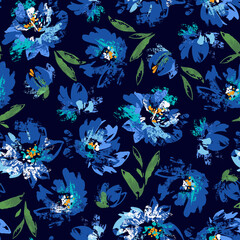 Seamless  illustration pattern of blue flowers leaves. Banner with peonies chrysanthemums wildflowers summertime motif for  texture, wrapping paper, textile or wallpaper design